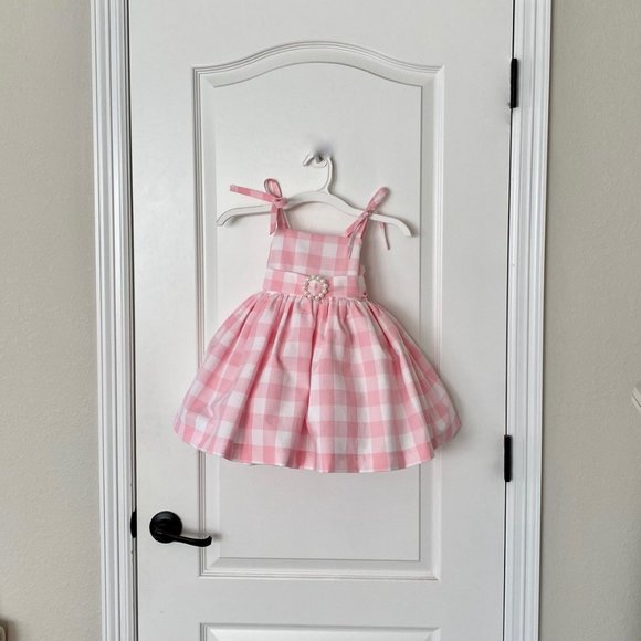girls pink gingham dress with matching bow - Picture 5 of 5
